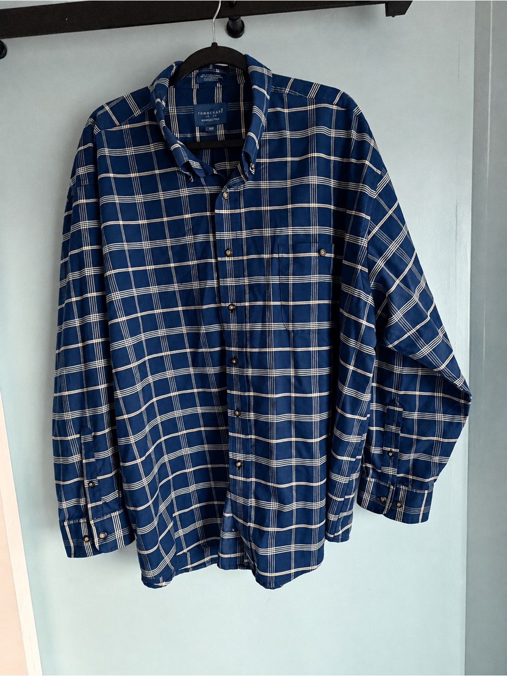 Towncraft Men’s XXL Blue  Plaid Wrinkle Free Button Down Shirt Cotton